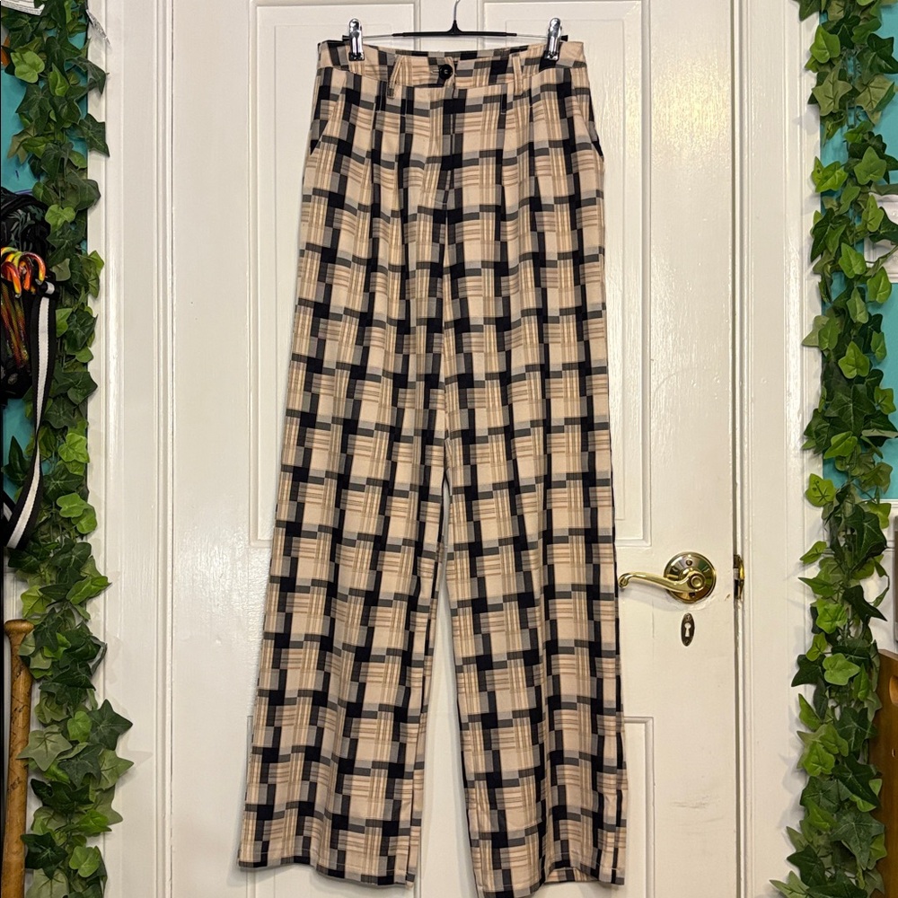 Plaid Beige and Black Women's Pants